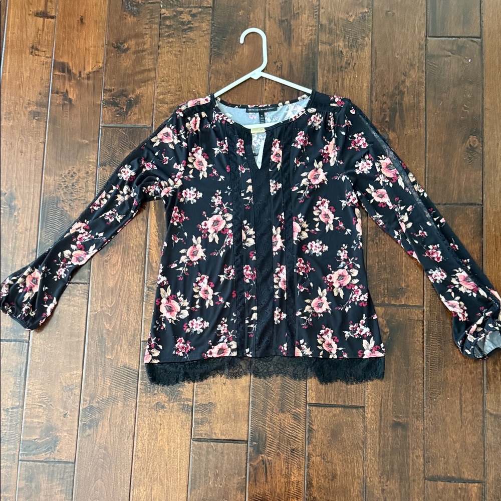 White House Black Market Black Floral Lace-Trim Blouse